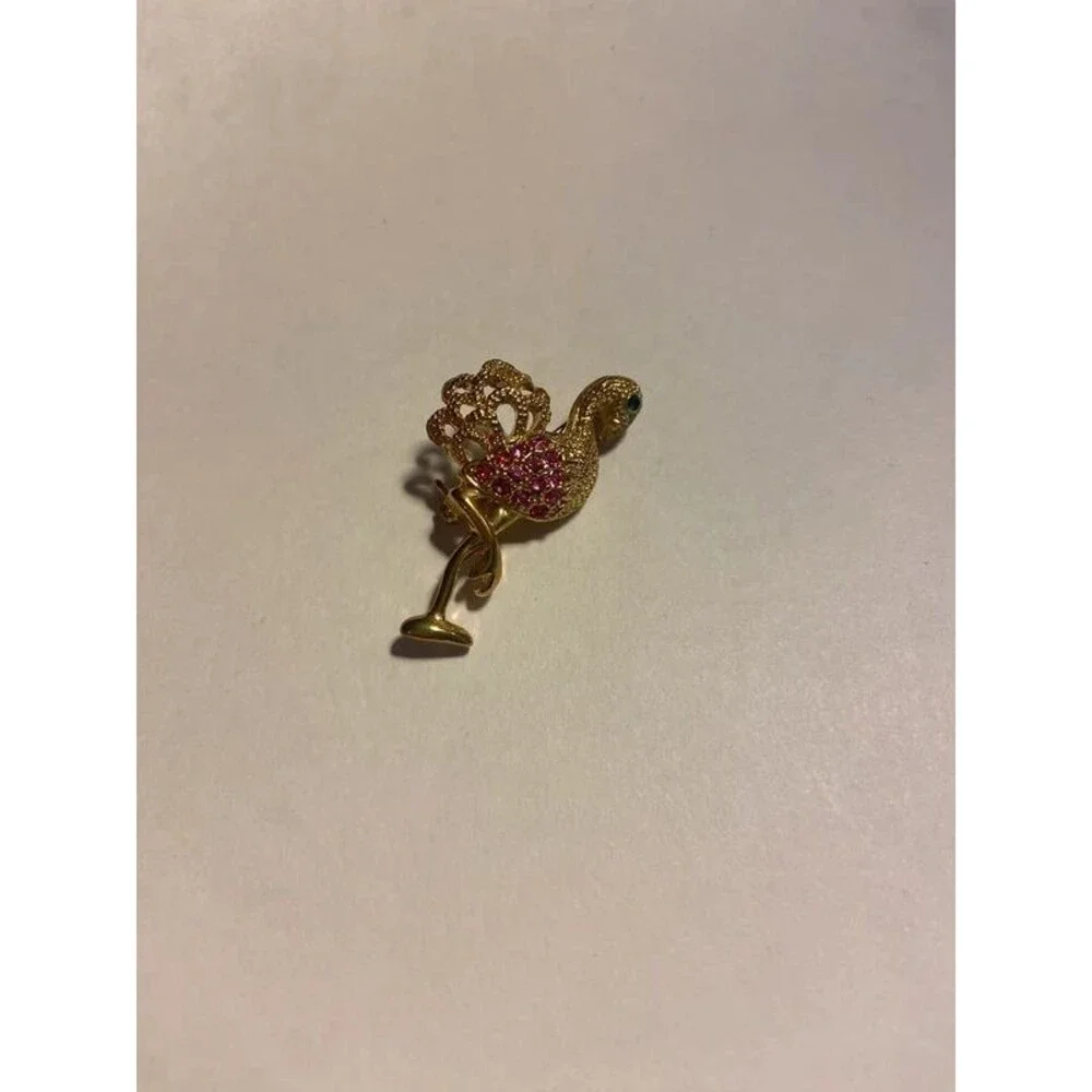 Costume jewelry goldstone pink flamingo rhinestone brooch